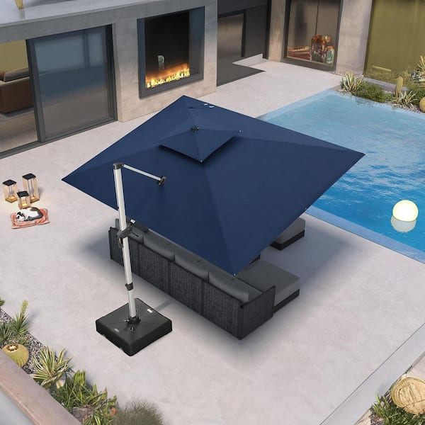 9 ft. x 12 ft. Sunbrella Aluminum 360° Rotation Silvery Cantilever Outdoor Patio Umbrella with Base in Navy Blue