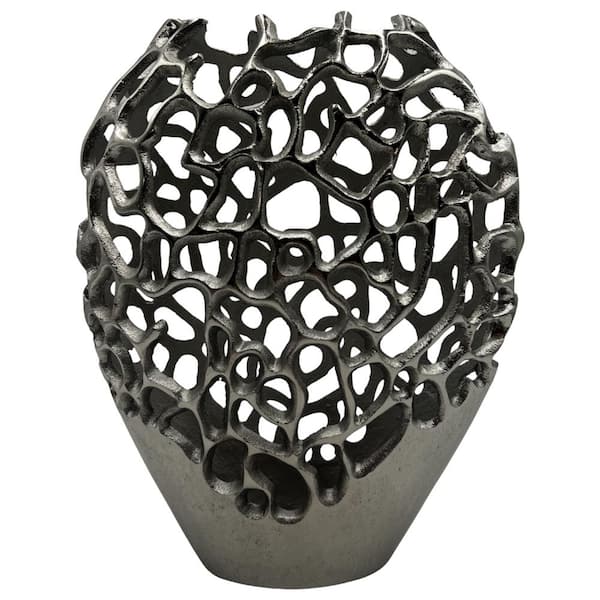 castellousa Silver 11 in. x 9 in. Aluminum Hollow-Carved Birds Amphora Nest Flower Metal Vase