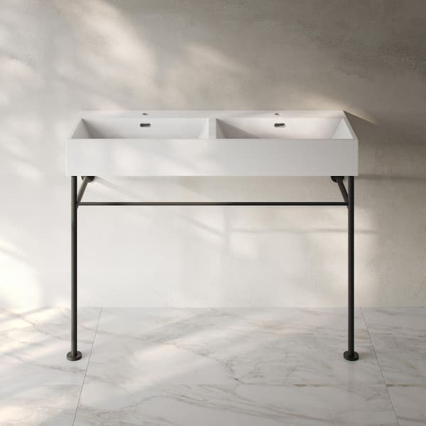Claire 48 in. Double Basin White Ceramic Console Sink with Matte Black Legs