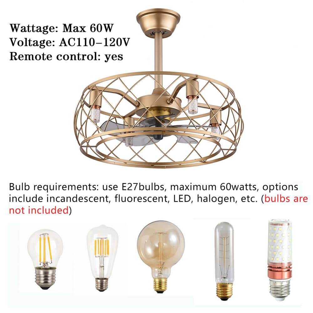 20" Gold Aluminum Caged Ceiling Fan with LED Light and Remote