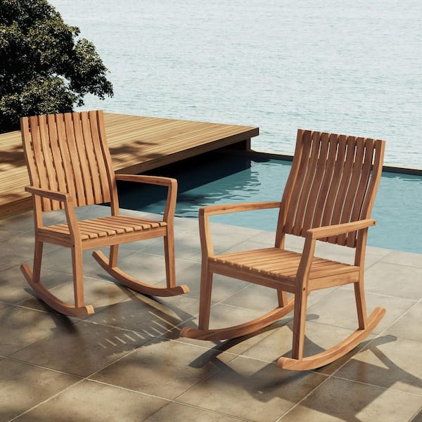 Beau Teak Finish Solid Wood Outdoor Rocking Chair Patio Lounge Chair, Set of 2