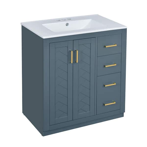 30in. W x 18in. D x 34in. H Freestanding Solid Wood Bath Vanity in Blue with White Ceramic Undermount Sink