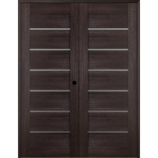 Vona 07-02 48" x 84" Left Hand Active 7-Lite Frosted Glass Veralinga Oak Wood Composite Double Prehung French Door