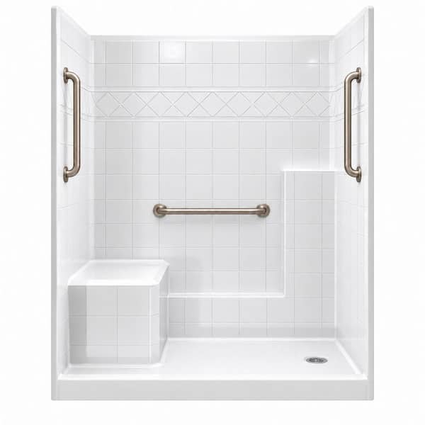 Liberty 60 in. x 33 in. x 77 in. AcrylX 1-Piece Shower Wall and Shower Pan in White with 3 Loose Grab Bars, Left Seat