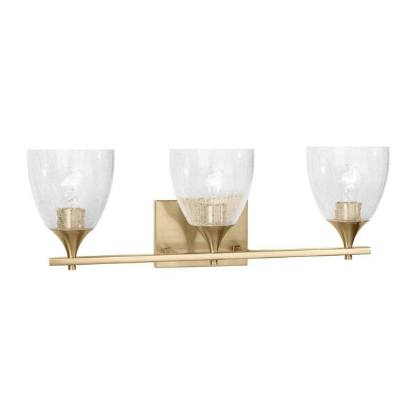 Generation Lighting - Toffino 26 in. W x 8.875 in. H 3-Light Satin Brass Modern Bathroom Vanity Light with Clear Crackle Glass Shades