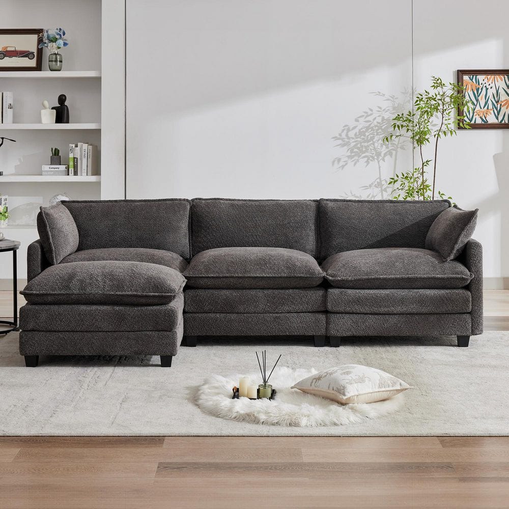 112.2 in. Dark Gray Chenille Fabric 4-Seat Stragiht Arm L-Shaped Sectional Sofa Couch with Ottoman for Living Room price history on PriceWatchPro