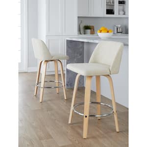 Toriano 25.5 in. Cream Fabric, Natural Wood and Chrome Metal Fixed-Height Counter Stool (Set of 2)