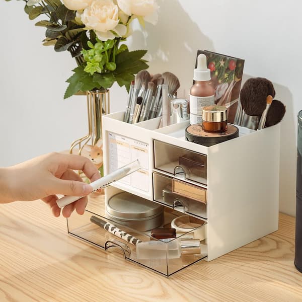 White 8.18 in. x 6.1 in. ABS Plastic Multi-Functional Desk Organizer with 3 Drawers and 8 Compartments