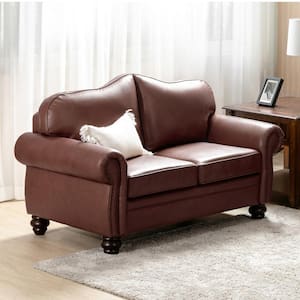 Rafael Brown 60 in. Wide Genuine Leather Rolled Sofa with Nail head Trims