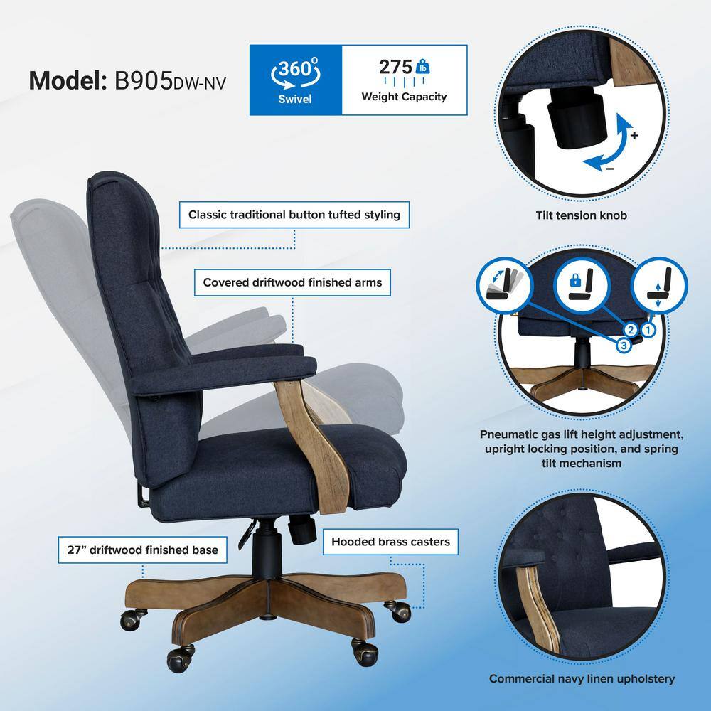Elegant Denim Blue High-Back Executive Chair with Driftwood Wood Base