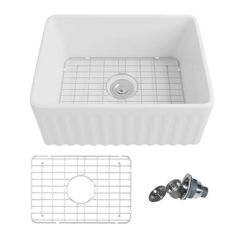 Perch 24" White Ceramic Farmhouse Apron Kitchen Sink