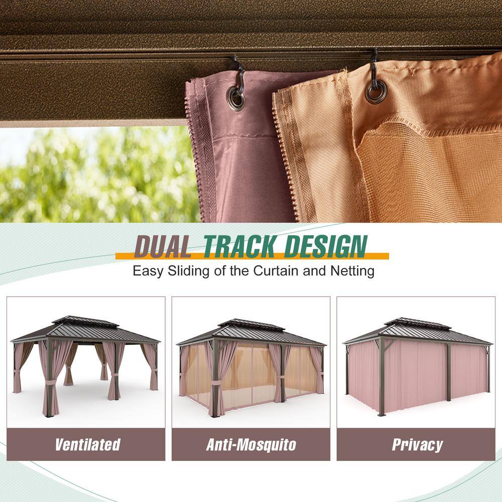 Extra Large Brown Metal Patio Gazebo with Dual Track Curtains