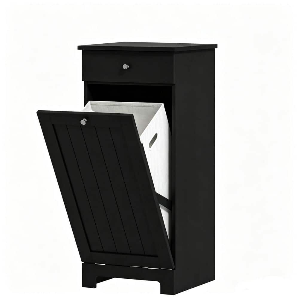 15.7 in. W x 15 in. D x 35.4 in. H Black Bathroom Linen Cabinet with 1-Tilt-Out Laundry Hampers and Drawer