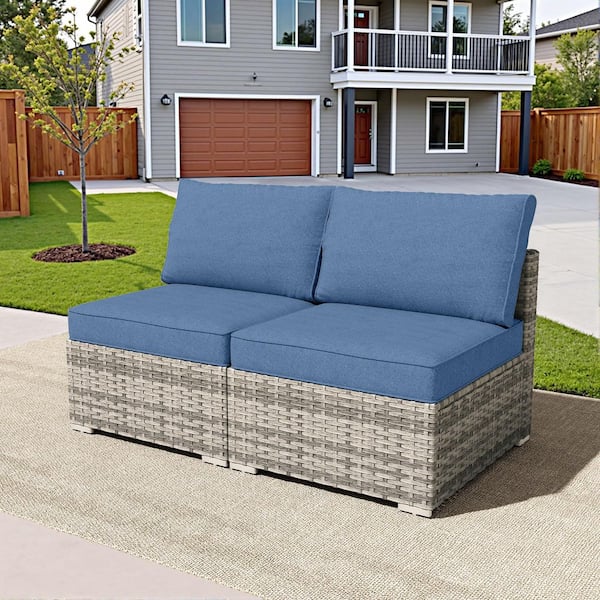 Chic 2 Pieces Wicker Patio Conversation Seating Sofa Set with Denim Blue Cushions