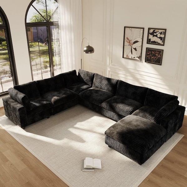157.48 in. W Square Arm 6-piece Faux Rabbit-Hair Plush Velvet Modular Sectional Sofa With Removable Covers in. Black