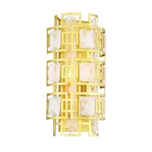 Portia 8 in. W x 16 in. H 2-Light True Gold Wall Sconce with Strie Piastra Glass