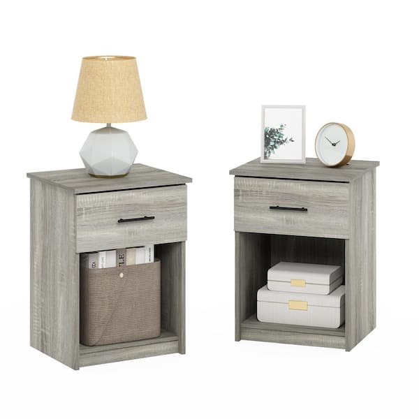 Furinno Tidur 1-Drawer French Oak Grey Nightstands with Handle 24.14 in. H x 17.72 in. W x 15.67 in. D (Set of 2)