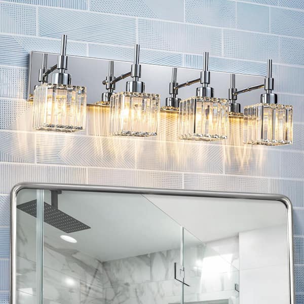 Orillia 26.4 in. 4-Light Chrome Crystal Bathroom Vanity Light with Shades for Bathroom Powder Room Kitchen
