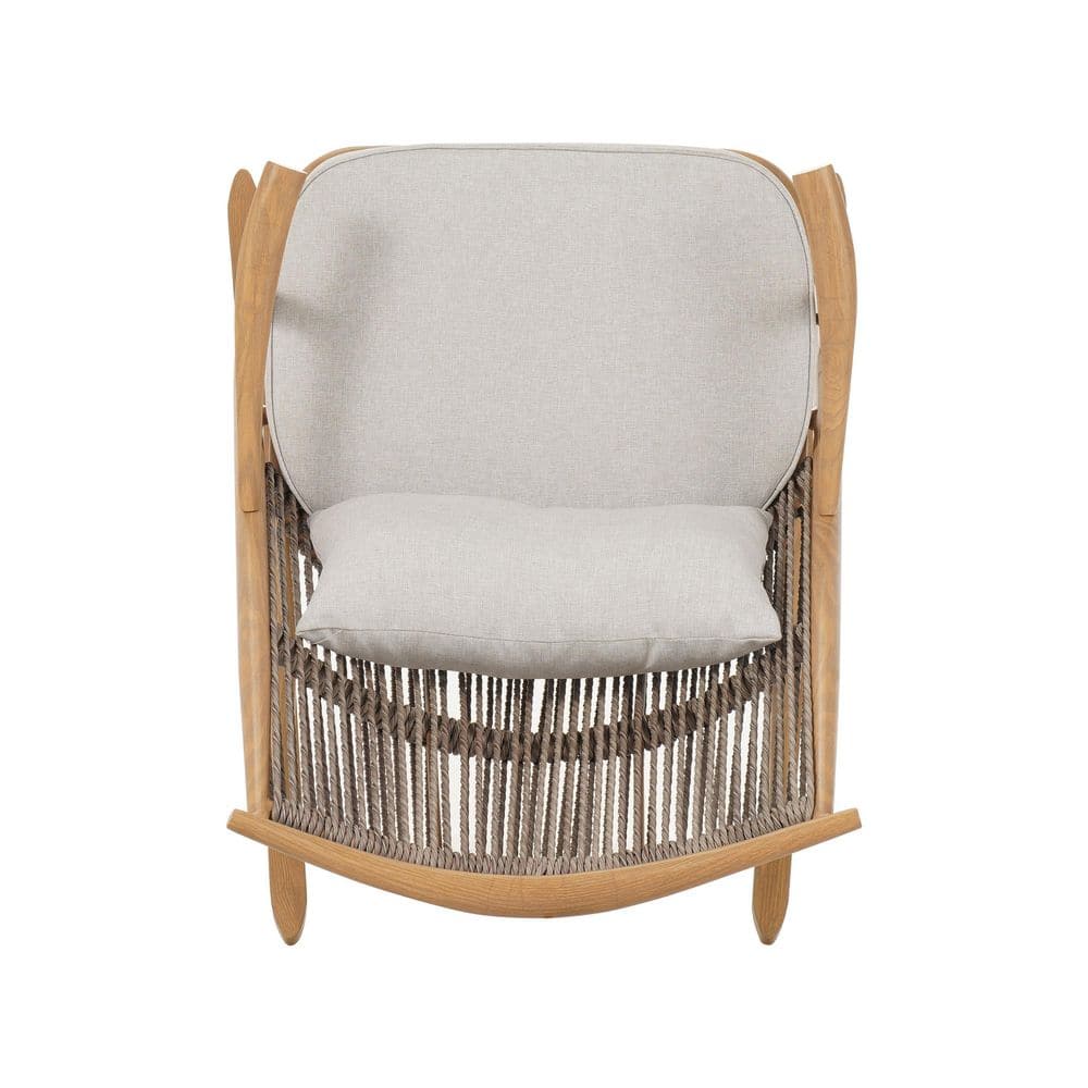 Front view of a brown metal rocking chair with light gray cushions.