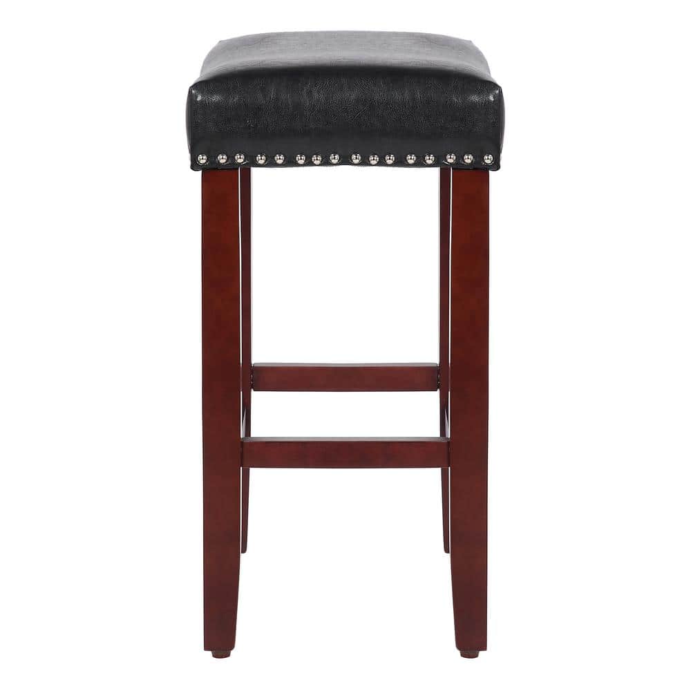 Grandville 24" Black Leather Saddle-Style Bar Stool with Nailhead Trim