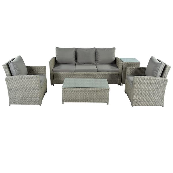 FORCLOVER Gray 5-Piece Wicker Patio Conversation Set with Gray Cushions and Tables