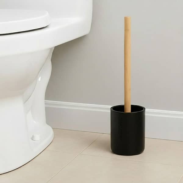 Sleek Matte Black Toilet Brush Holder with Bamboo Handle - Polyresin Bathroom Cleaning Tool Set