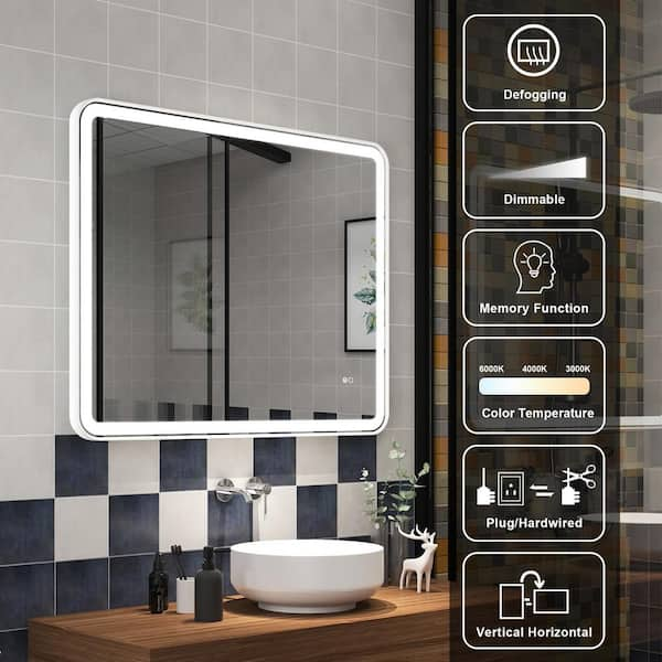 WELLFOR BG LED Bathroom Mirror 32-in x 32-in LED Lighted Gold Round Fog Free Framed Bathroom Vanity Mirror | DH-MC04-2836SF1