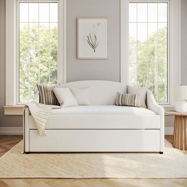 Anya Off-White Twin Daybed with Pull Out Trundle, Cushioned Headboard, Footboard, Side Rails, No Box Spring Required