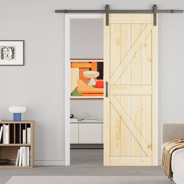 ARK DESIGN 30 in. x 84 in. K-Shape Solid Core Pine Wood Unfinished Sliding Barn Door Slab with Hardware Kit and Soft Close