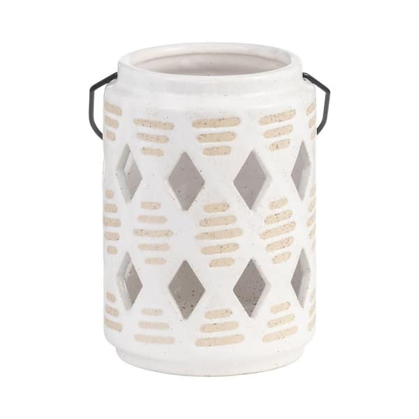 Liv & Skye 6 in. Ivory Ceramic Cylinder Lantern with Cut-Out Diamond Design
