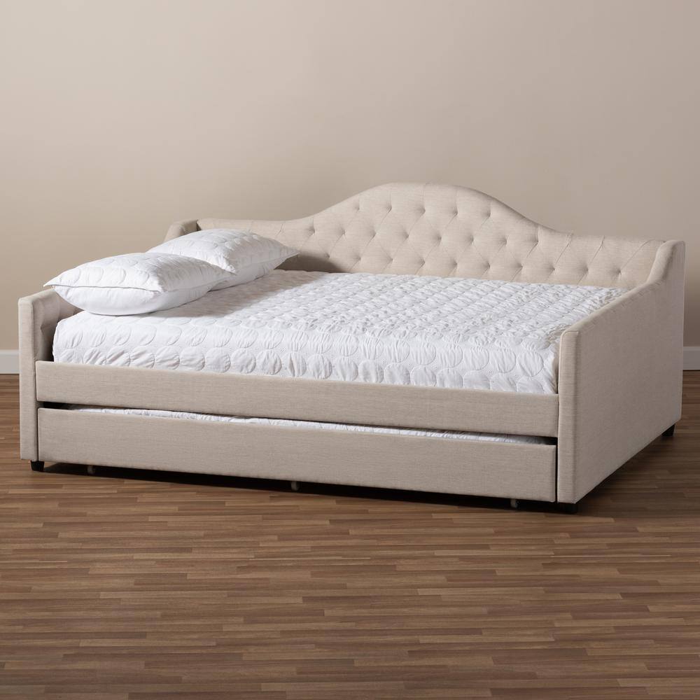 Light Beige Full Upholstered Daybed with Trundle and Tufted Headboard