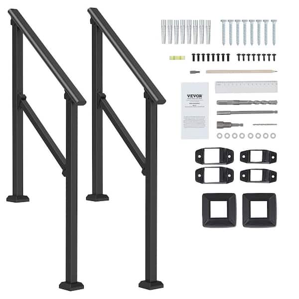 36.2 in. x 3.3 in. Handrails for Outdoor Steps 2-Piece 2-3 Step Stair Handrail Kit Carbon Steel Railings Black