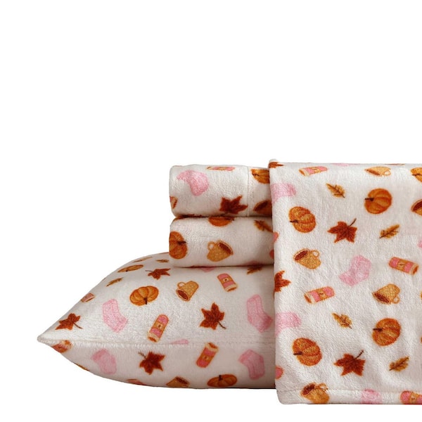 Pumpkin Spice Girl 3-Piece Ivory/Pink/Orange Plush Velvet Twin Sheet Set