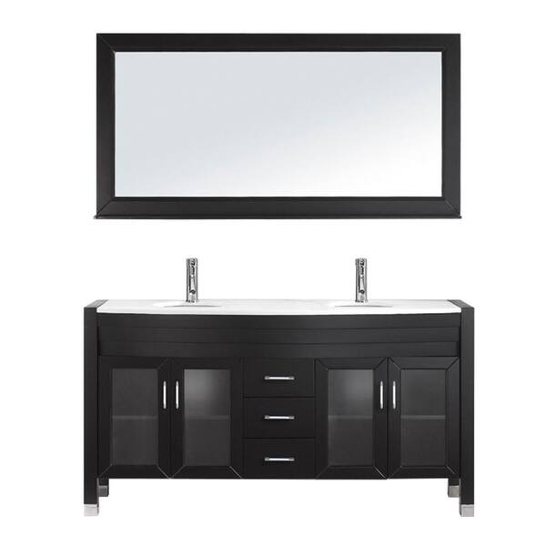 Virtu USA Ava 63 in. W Bath Vanity in Espresso with Stone Vanity Top in White with Round Basin and Mirror