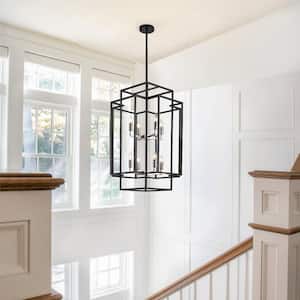Modern 8-Light Black and Brushed Nickel Foyer Lantern Tiered Chandelier for Living Room Dining Room