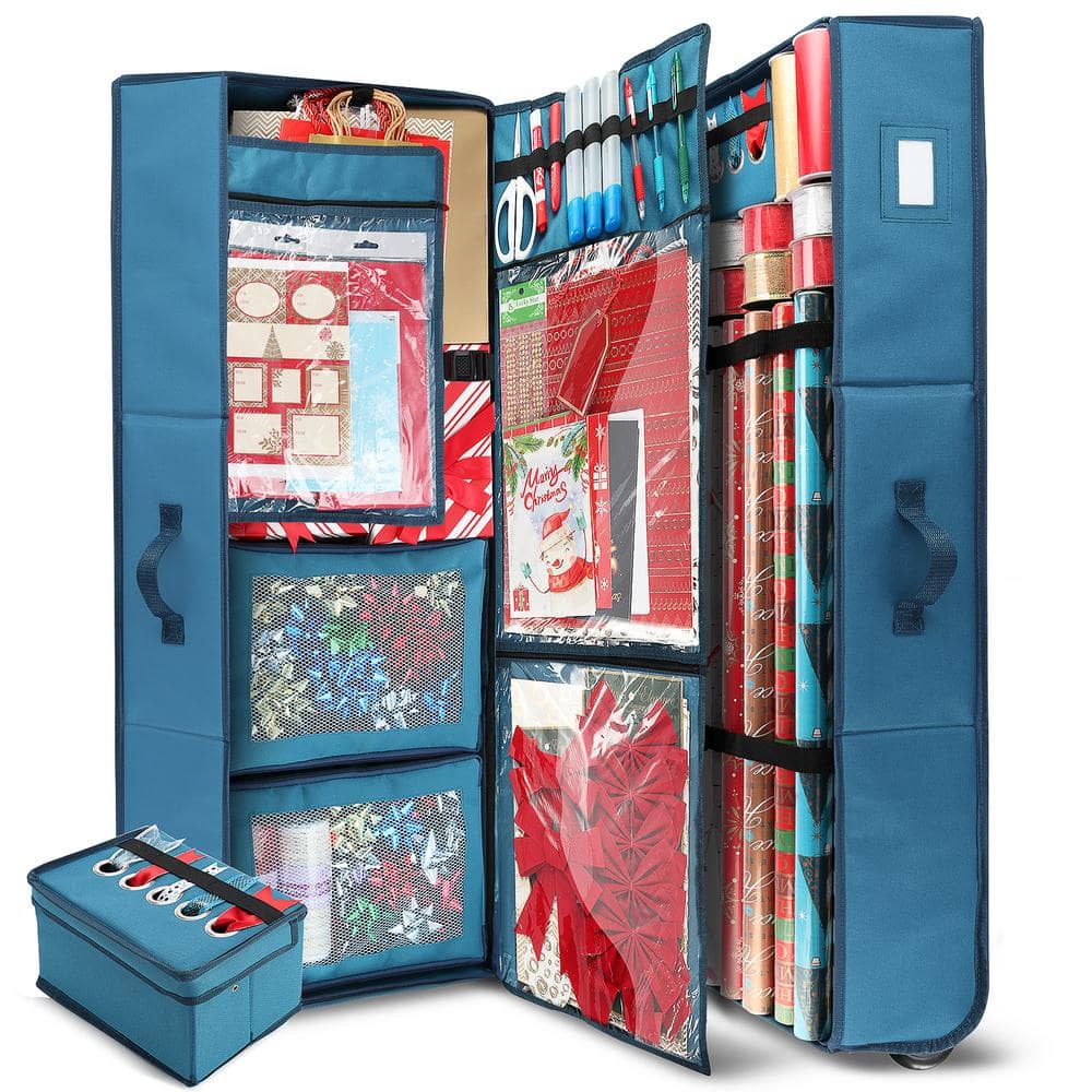 HEARTH & HARBOR Blue Extra-large Christmas Wrapping Paper Storage Box with  Wheels HHHS09 - The Home Depot