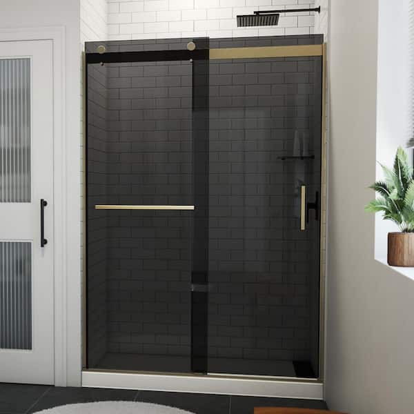 DreamLine Sapphire-V 54 in. W x 76 in. H Sliding Semi-Frameless Bypass Shower Door in Brushed Gold with Gray Glass