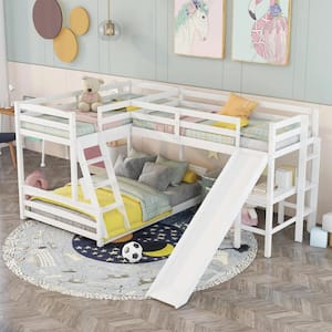 L-Shaped White Twin Over Full Triple Bunk Bed with Ladder, Slide and Desk