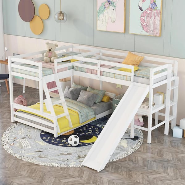 Harper & Bright Designs L-Shaped White Twin Over Full Triple Bunk Bed with Ladder, Slide and Desk