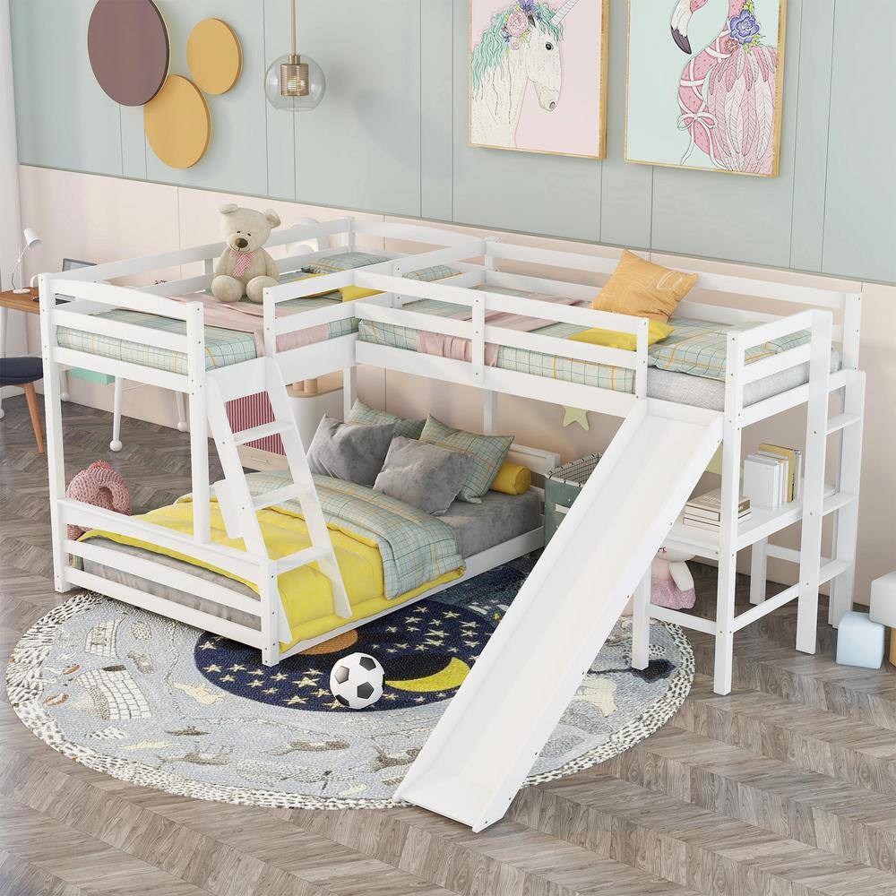 Harper & Bright Designs  L-Shaped White Twin Over Full Triple Bunk Bed with Ladder, Slide and Desk - 1