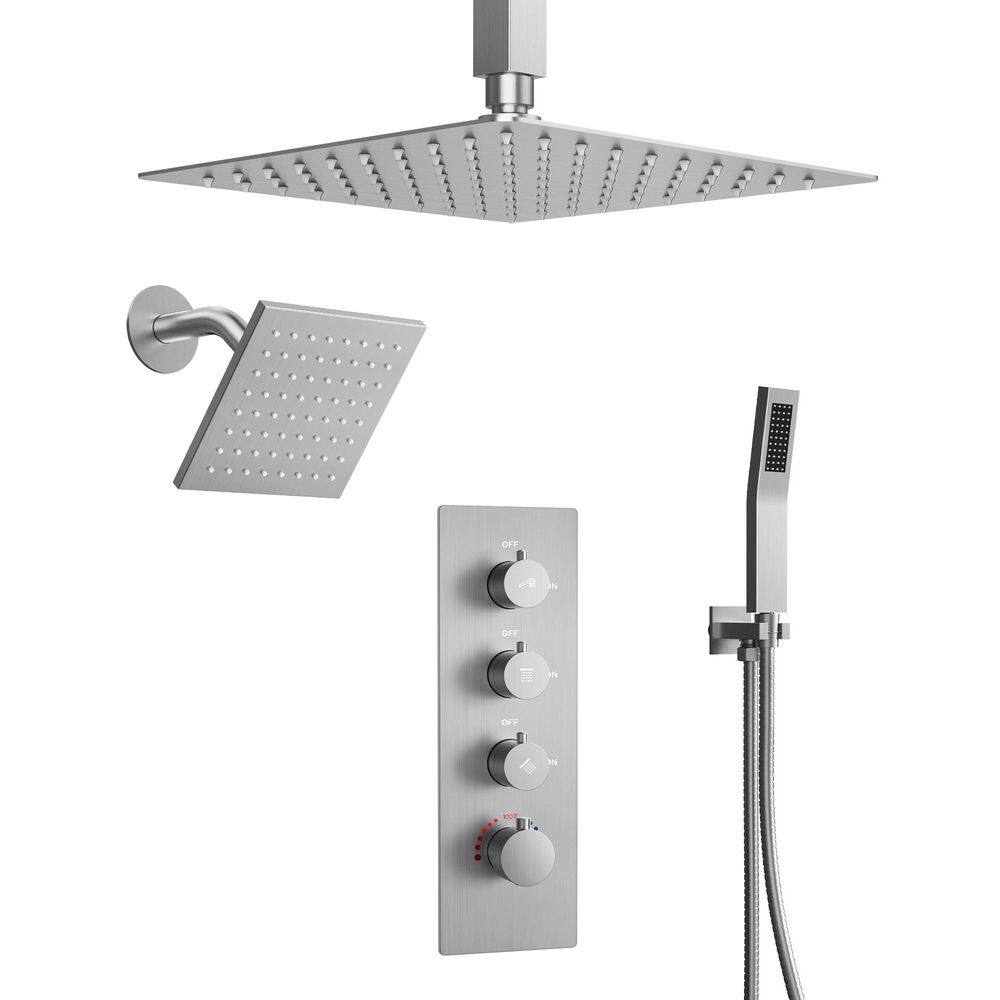 4 Handles Thermostatic 7-Spray High Pressure 2.5GPM Dual Ceiling Mount Shower Head and Handheld Shower in Brushed Nickel price history on PriceWatchPro