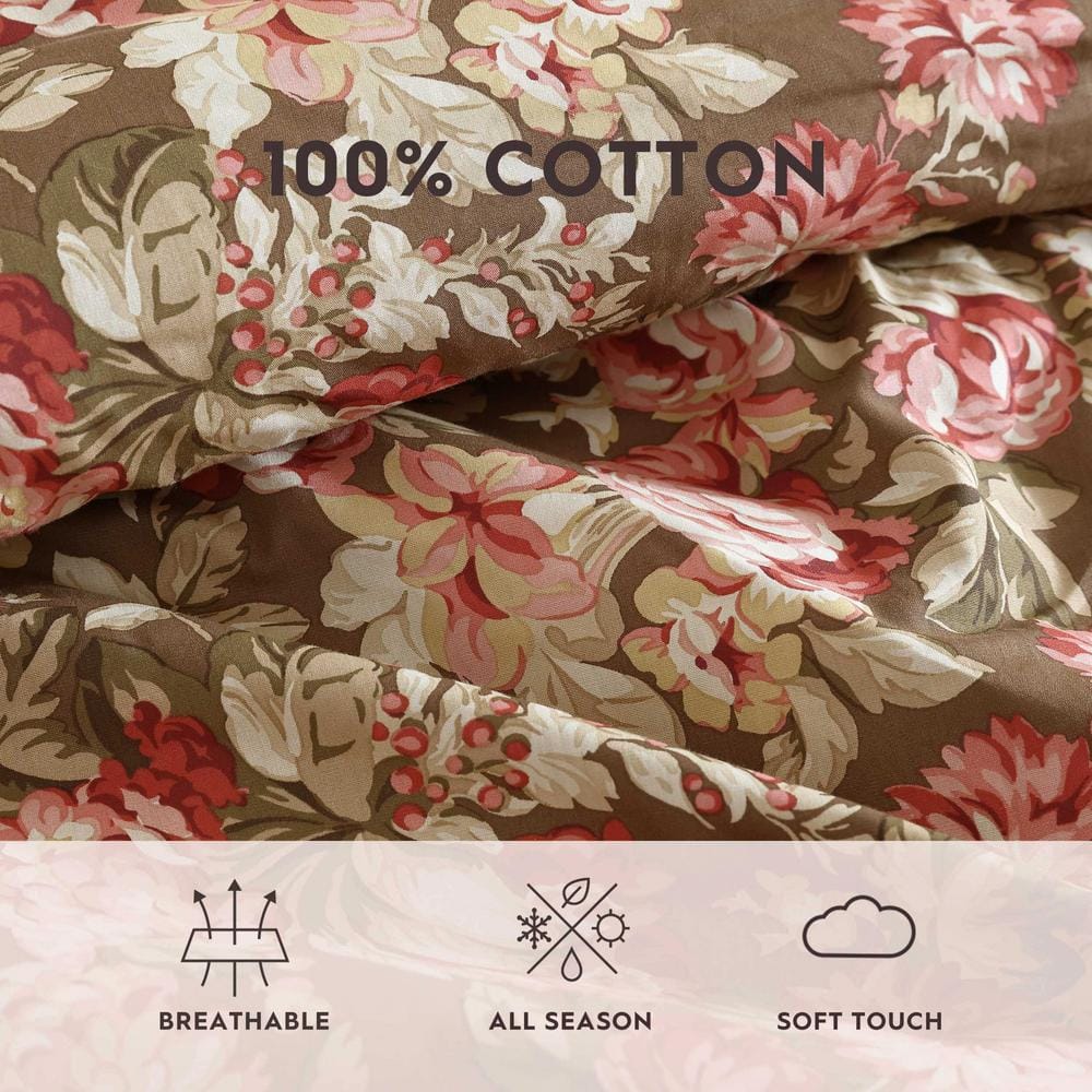 Twin Brown Cotton Reversible Floral Comforter Set