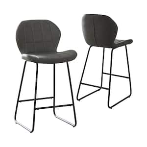 37.4 in. Gray High Back Metal Bar Stool Counter Stool with PU Leather Seat (Set of 2)