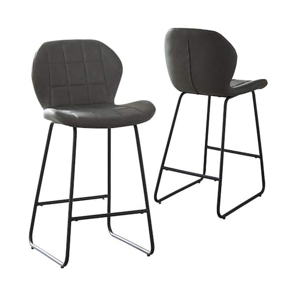 GOJANE 37.4 in. Gray High Back Metal Bar Stool Counter Stool with PU Leather Seat (Set of 2)
