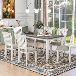 7-Piece Neoclassical Style Rectangle Gray and White Wood Dining Set with 6 Upholstered Chairs