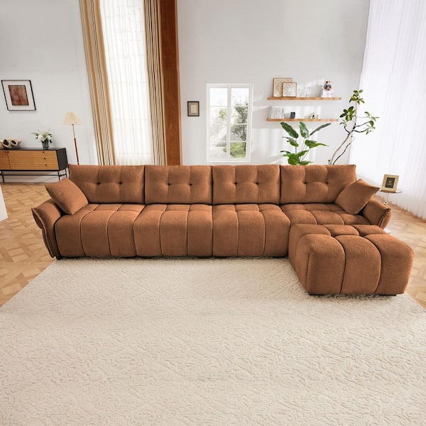 Tina 141.7 in. Flared Arm Chenille Upholstered Rectangle Sectional Sofa in. Burnt Orange with Ottoman, Throw Pillows