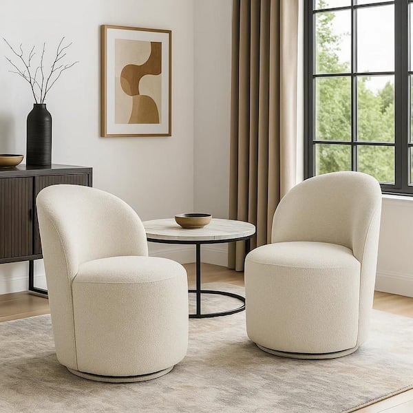 Beige White Boucle Accent Chair Set of 2 with 360 Degree Swivel Rotation