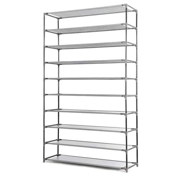 10 Tier Shoe Rack Shelf Closet 45 Pair with Cover 5/8 Metal Tube Non-Woven Fabric Storage Organizer Gray , Gray