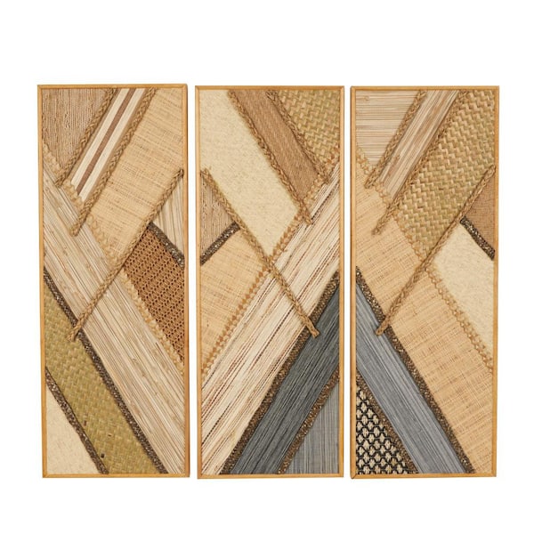 Litton Lane Wooden Brown Handmade Textured Mixed Media Diagonal Geometric Wall Art (Set of 3)