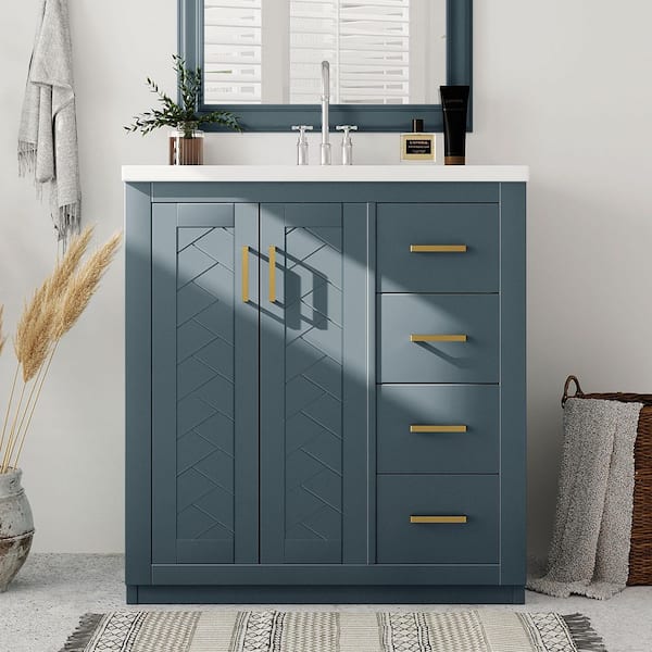 30 in. Freestanding Blue Bath Vanity with White Ceramic Top, 3-Drawers and Soft Closing Doors